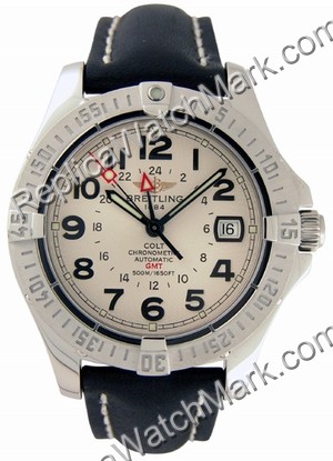 Breitling Aeromarine Colt GMT Steel Black Leather Mens Watch A32 - Click Image to Close