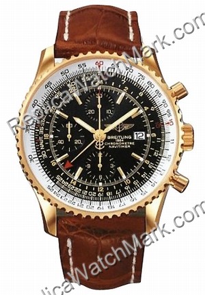 Breitling Navitimer World 18kt Yellow Gold Brown Mens Watch K243 - Click Image to Close
